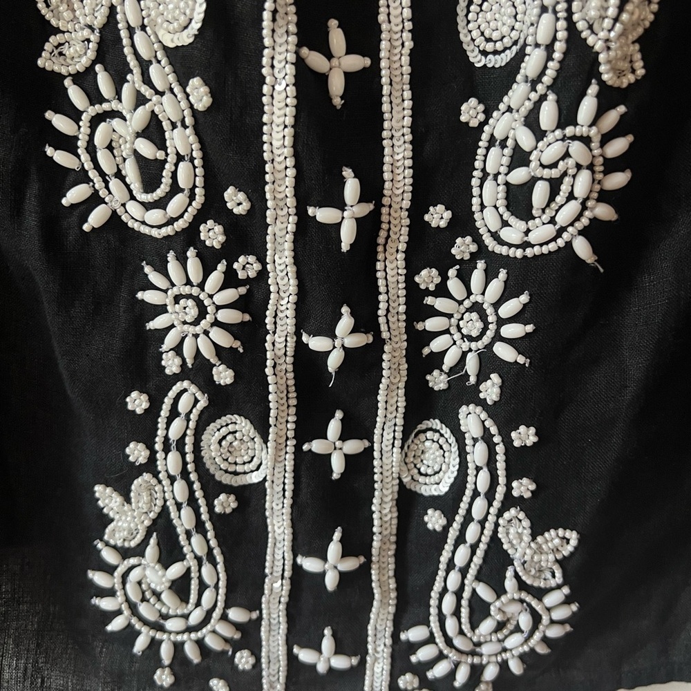 Black Linen Charter Club Black and White Embellished Blouse 3/4 Sleeve Size M - Picture 3 of 7